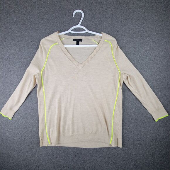 J Crew XXS Tan Yellow Piping 100% Merino Wool V-neck Pullover Sweater 993 - Picture 1 of 6